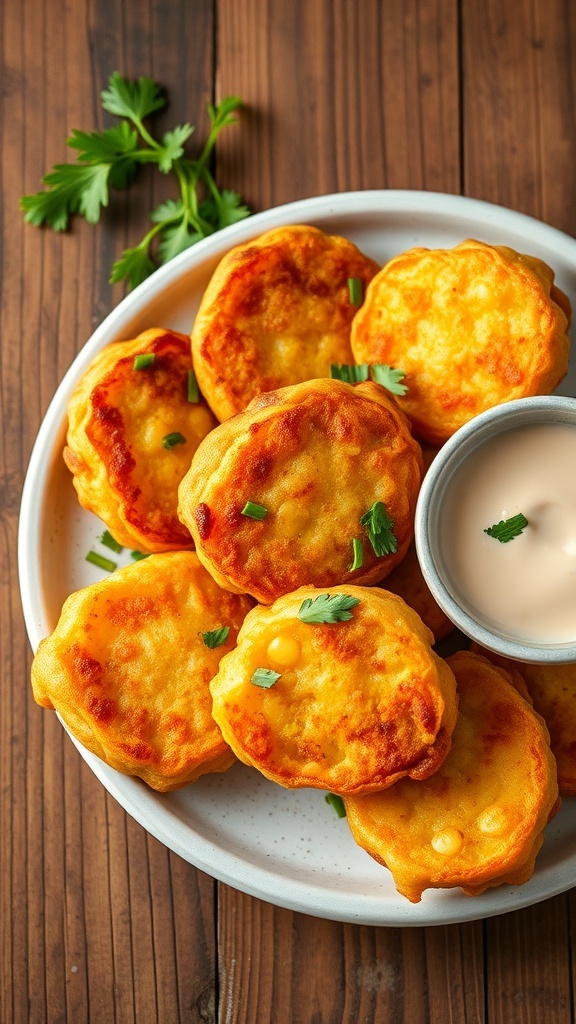 Crispy Corn Fritters Recipe Crispy corn fritters on a plate with herbs and dipping sauce, showcasing a golden brown color.